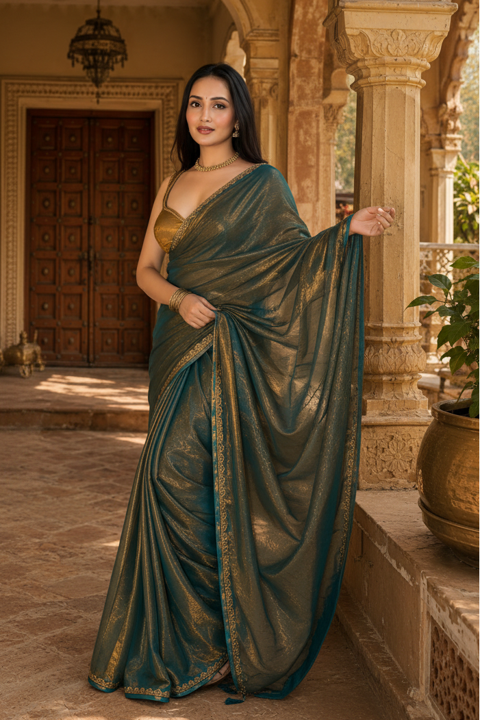 Twill Net Saree With Unstitched Blouse(Green)
