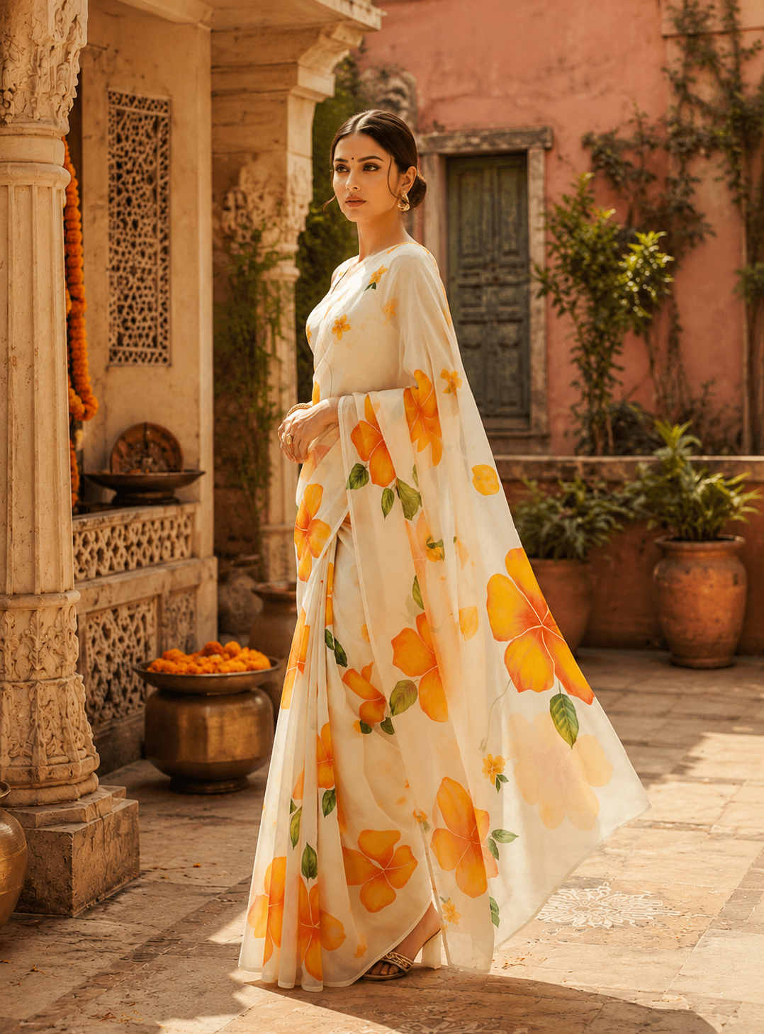 Georgette Floral Digital Print Saree With Unstitched Blouse(White)