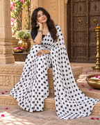 Satin Silk Printed Saree With Unstitched Blouse(White)