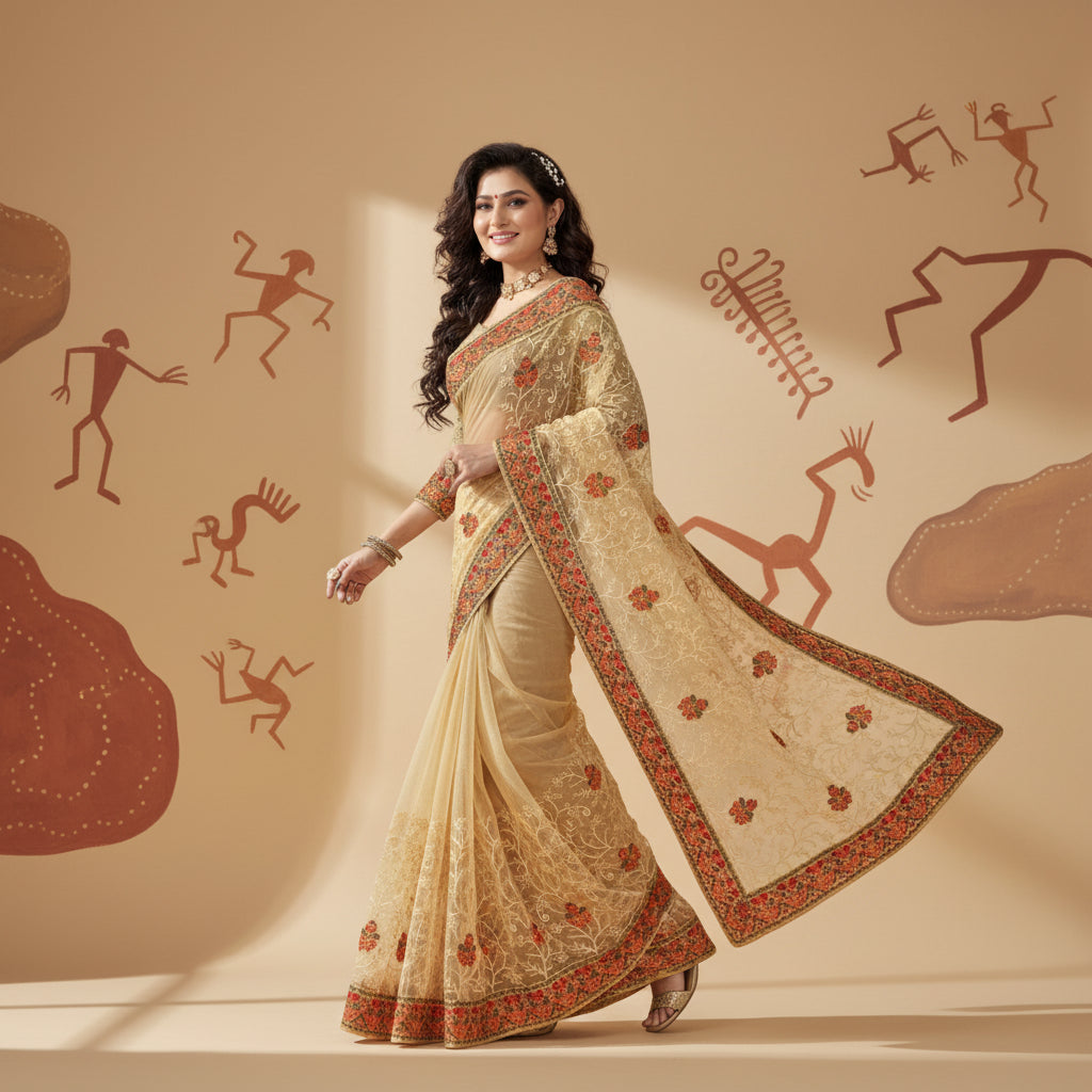 Women's Net Saree With Blouse (Chiku, 5-6Mtrs) Kashvii