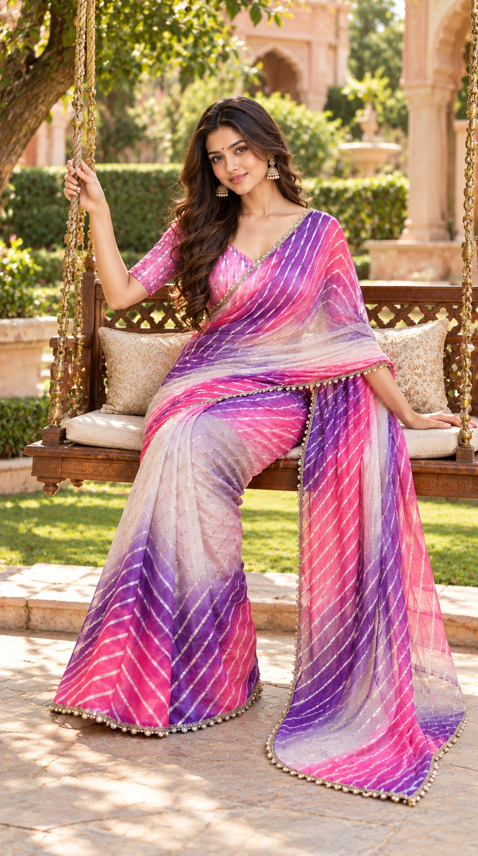Star Space Silk Digital Print Bhungali Work Lace Border Saree With Unstitched Blouse(Pink)