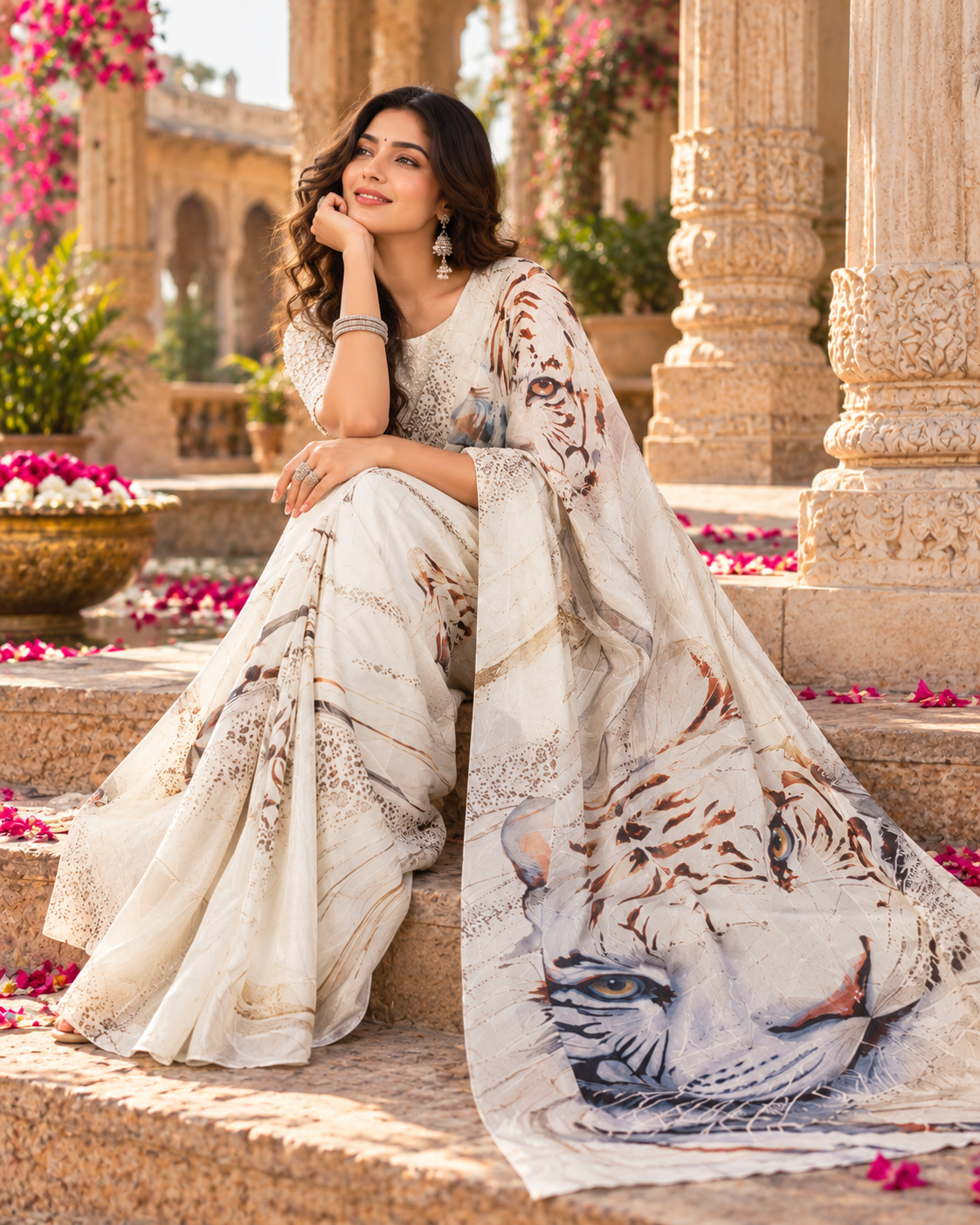 Premium Satin Silk Digital Print Saree With Unstitched Blouse(White)