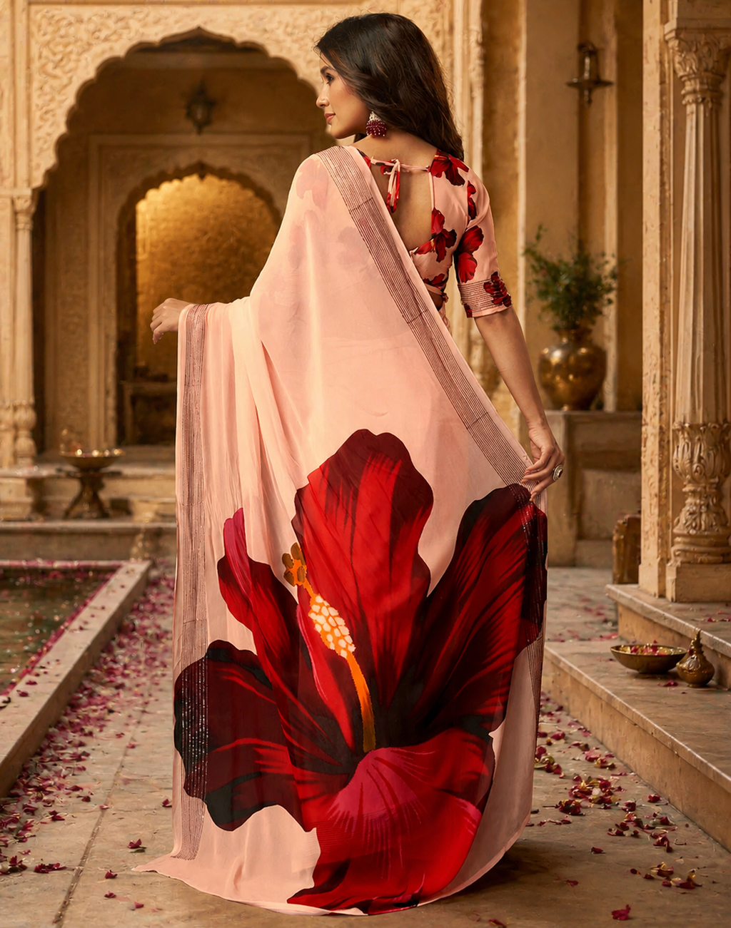 Georgette Digital Print Saree With Unstitched Blouse(Cream)