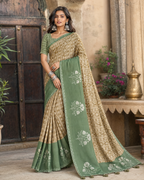 Cotton Printed Saree With Unstitched Blouse(Brown)
