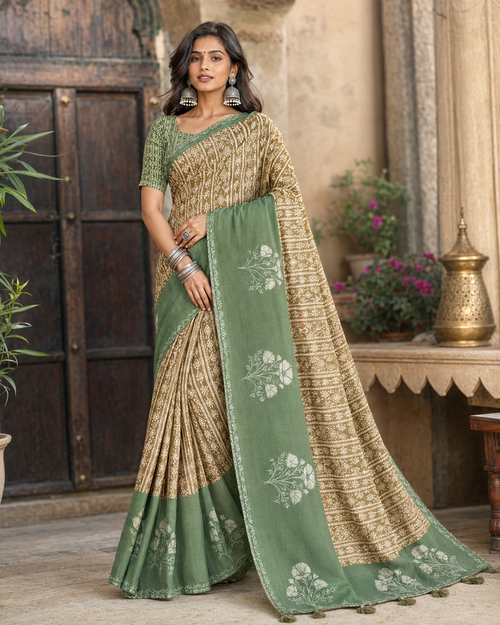 Cotton Printed Saree With Unstitched Blouse(Brown)