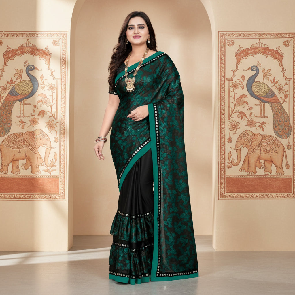 Women's Lycra Blend Saree with Blouse (Green, 5-6 Mtrs) Kashvii