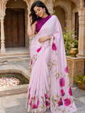 Satin Silk Printed Saree With Unstitched Blouse(Pink)