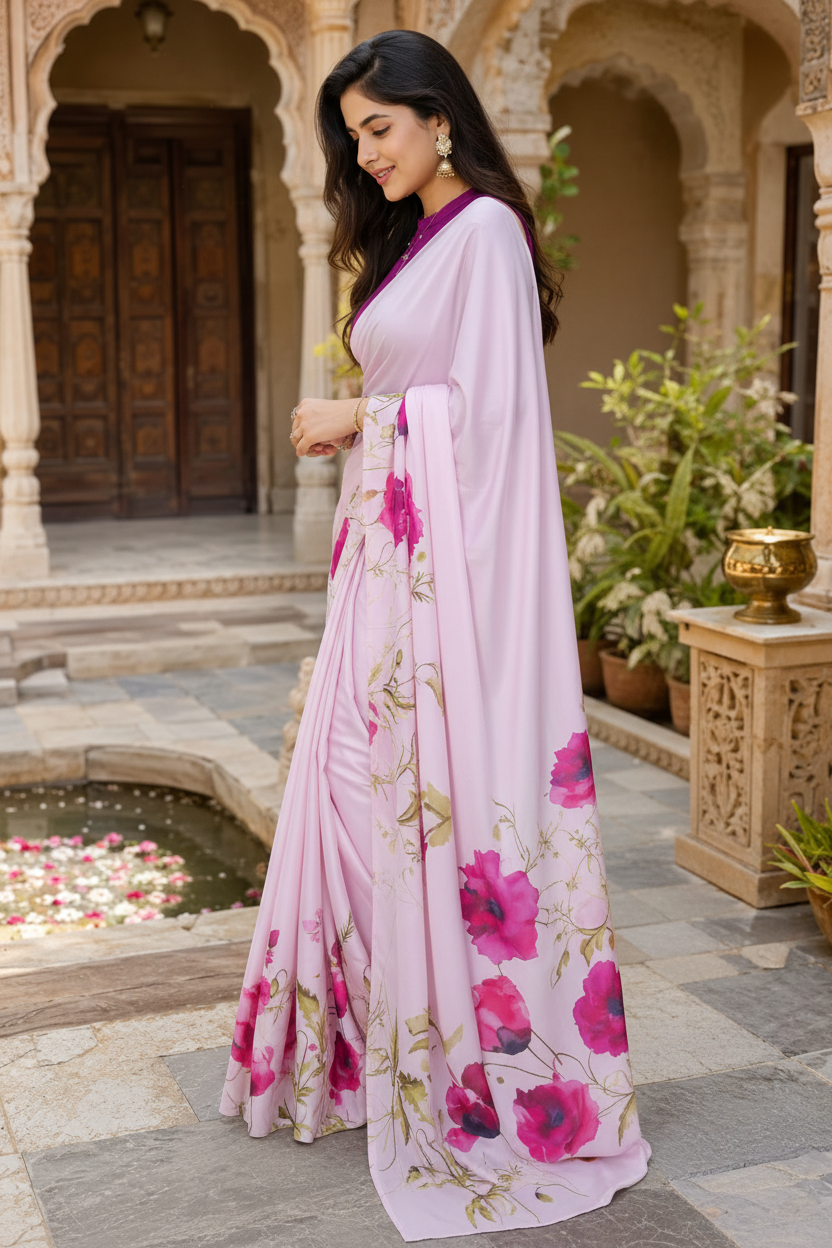 Satin Silk Printed Saree With Unstitched Blouse(Pink)