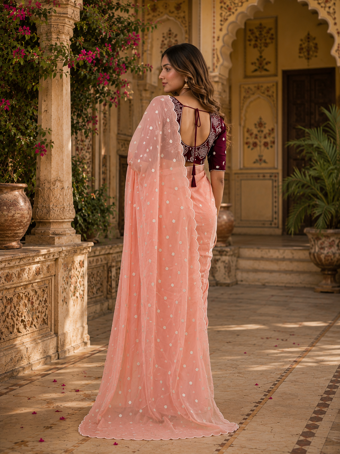 Georgette Embroidery Work Saree with Unstitched Blouse(Pink)