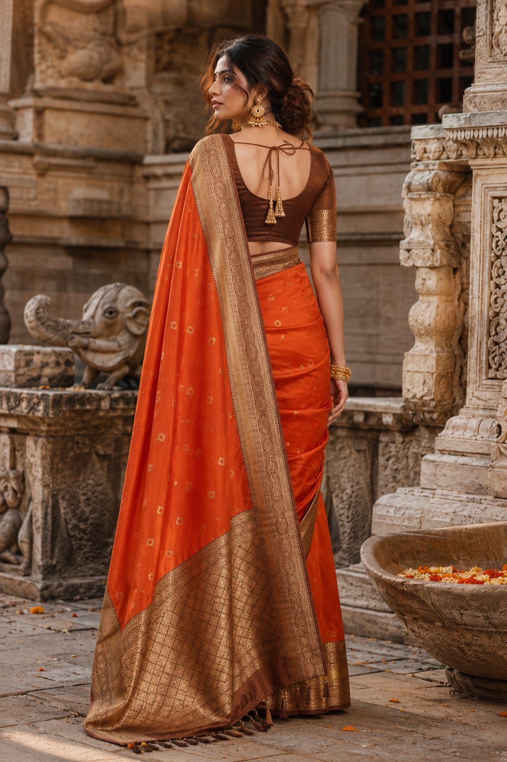 Pure Banarasi Silk Saree With Unstitched Blouse(Orange)