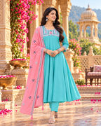 Roman Silk Embroidery Work Anarkali Kurti Pant Set With Dupatta(Sky)
