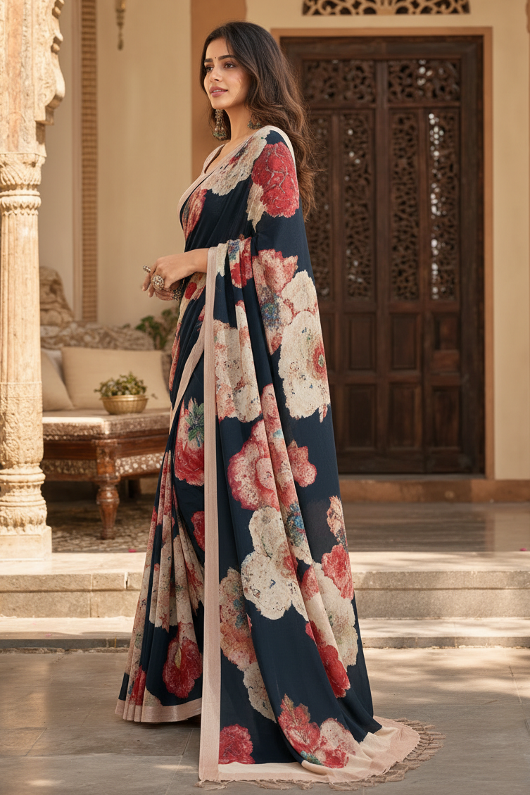 Premium Crepe Silk Saree With Unstitched Blouse(Black)