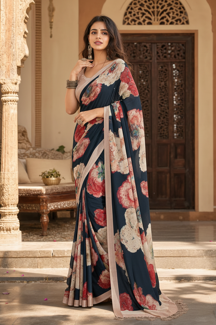 Premium Crepe Silk Saree With Unstitched Blouse(Black)