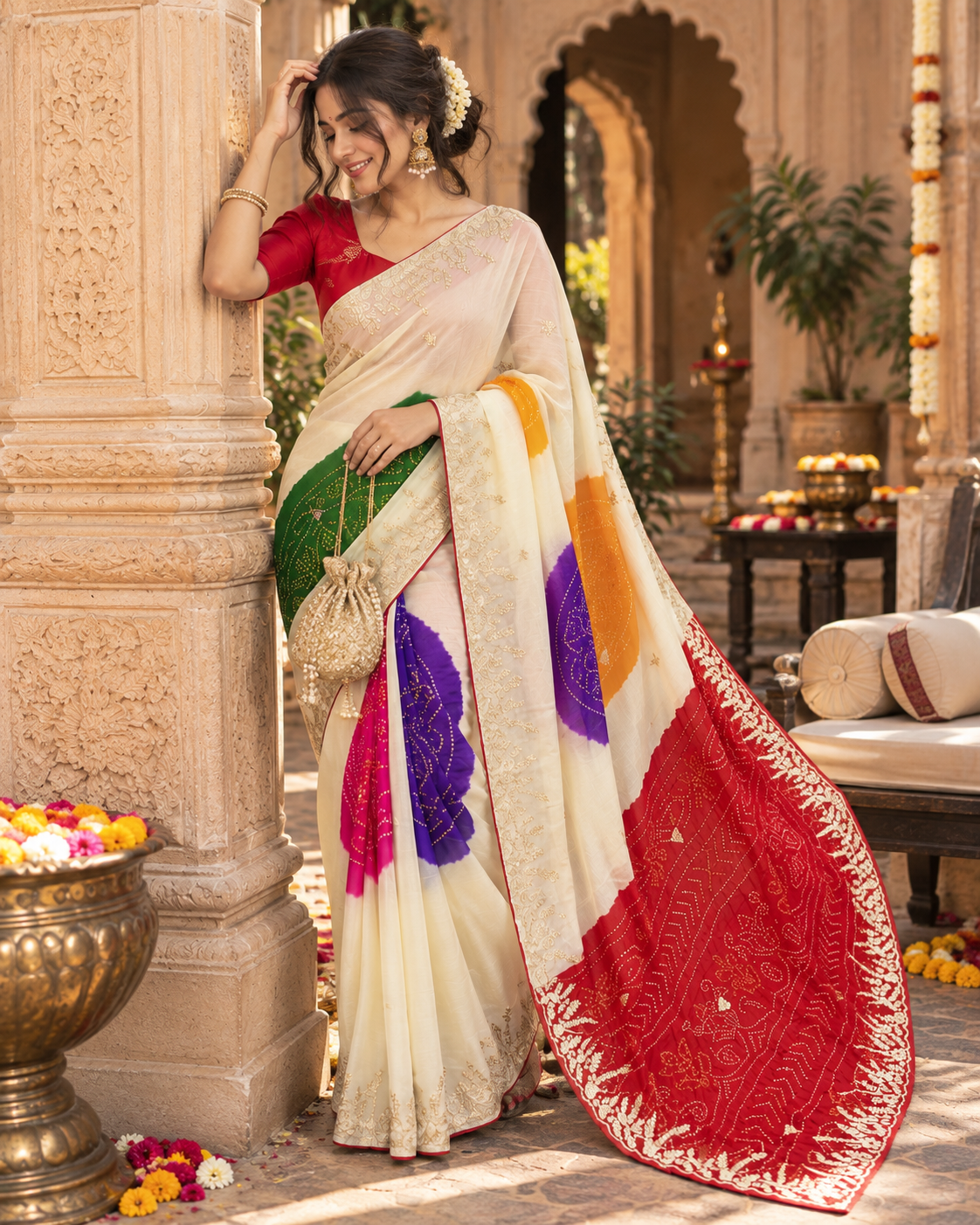 Chiffon Silk Sequin Work Saree With Unstitched Blouse(White)
