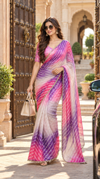 Star Space Silk Digital Print Bhungali Work Lace Border Saree With Unstitched Blouse(Pink)