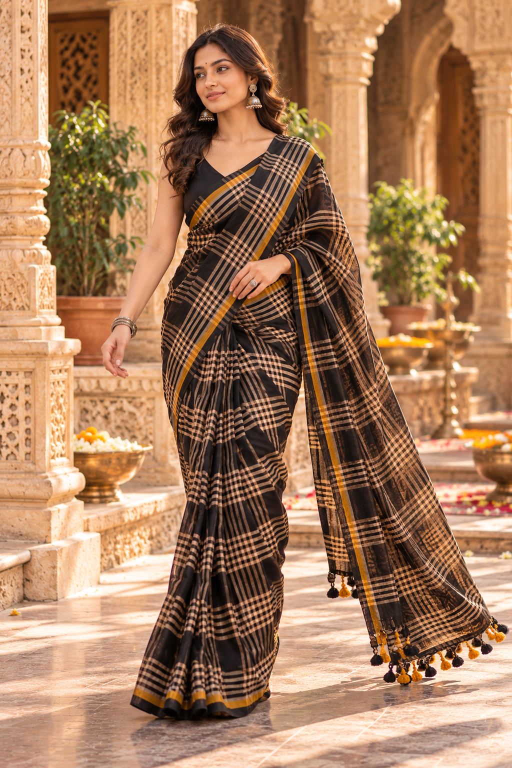 Premium Cotton Digital Print Saree With Unstitched Blouse(Black)