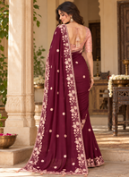 Crepe Silk Sequins Work Saree With Unstitched Blouse(Maroon)