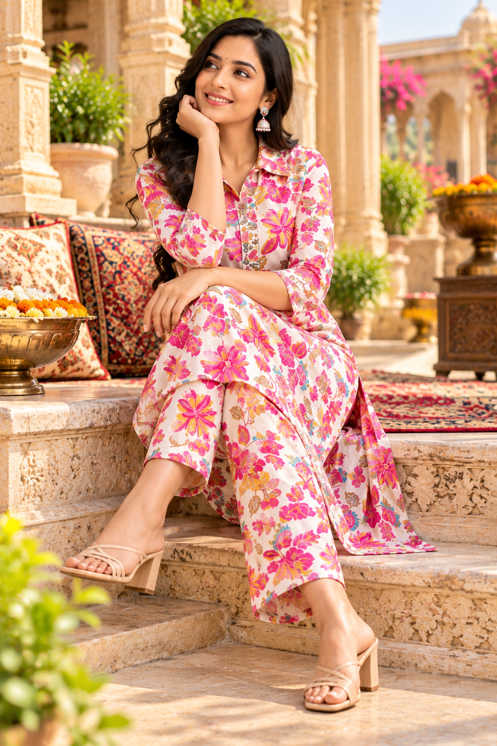 Roman Silk Kurti Pant Set(Pink)