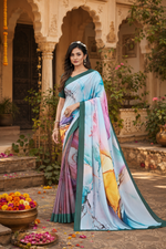 Load image into Gallery viewer, Soft Crepe Silk Digital Print Saree With Unstitched Blouse(Turquoise Blue)

