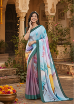 Load image into Gallery viewer, Soft Crepe Silk Digital Print Saree With Unstitched Blouse(Turquoise Blue)
