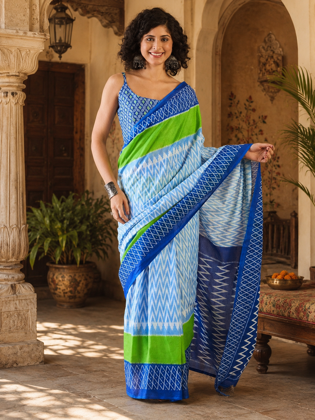 Mulmul Cotton Printed Pocket Saree With Unstitched Blouse(Sky Blue)
