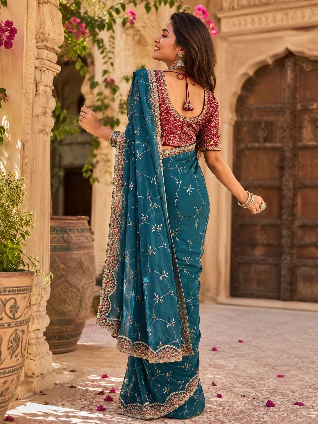 Premium Georgette Embroidery Thread Work Saree With Unstitched Blouse(Blue)