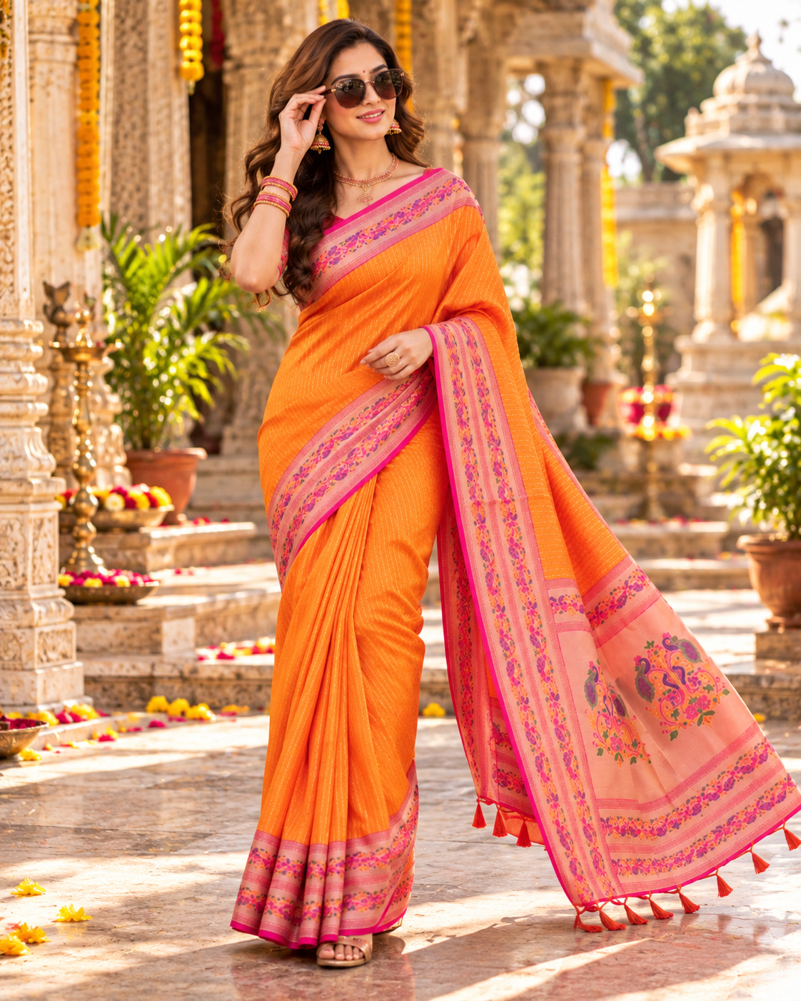 Paithani Silk Zari Work Saree With Unstitched Blouse(Orange)