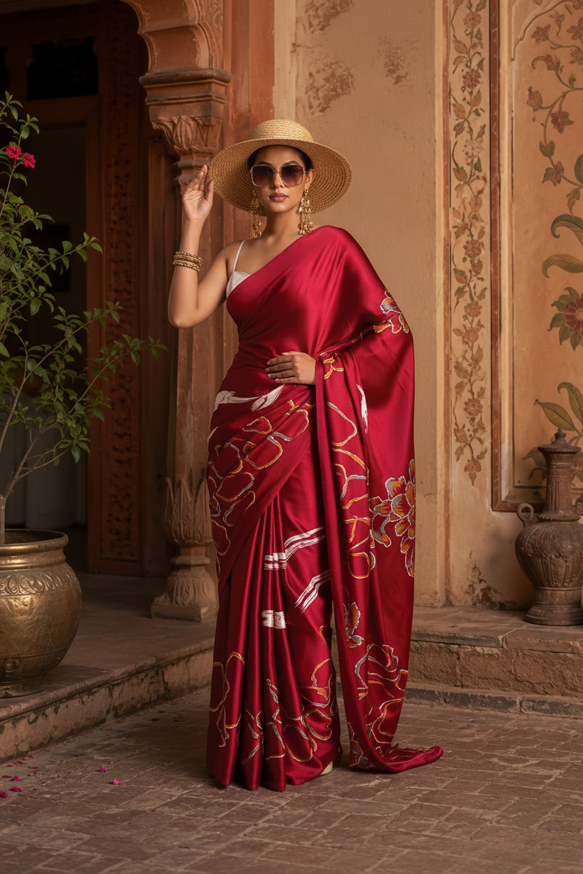 Japan Satin Printed Saree With Unstitched Blouse(Red)