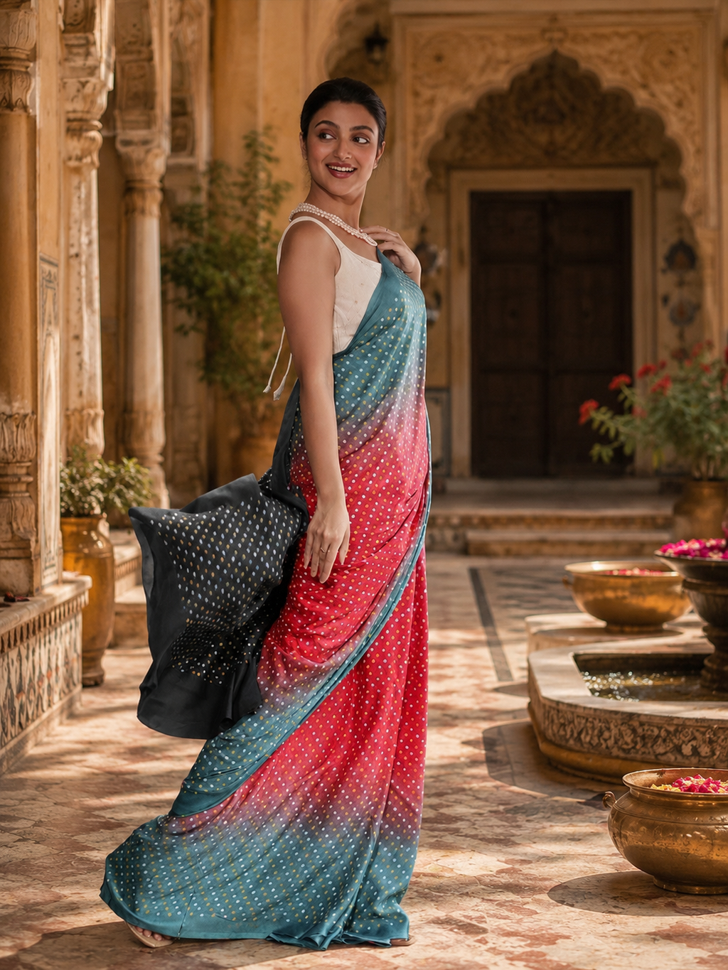Chinon Silk Bandhani Print Saree With Unstitched Blouse(Red)