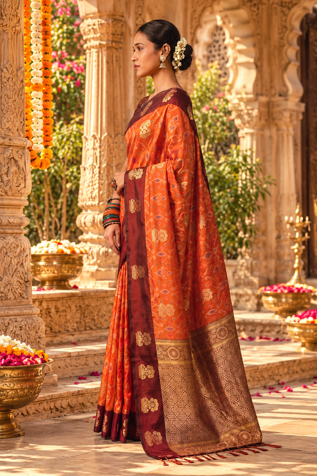 Pure Silk Zari Border Ikat Saree With Unstitched Blouse(Carrot Orange)