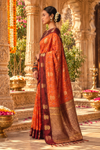 Pure Silk Zari Border Ikat Saree With Unstitched Blouse(Carrot Orange)