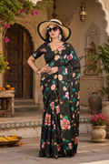 Soft Georgette Satin Floral Printed Saree With Unstitched Blouse(Black)