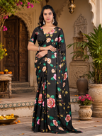 Soft Georgette Satin Floral Printed Saree With Unstitched Blouse(Black)