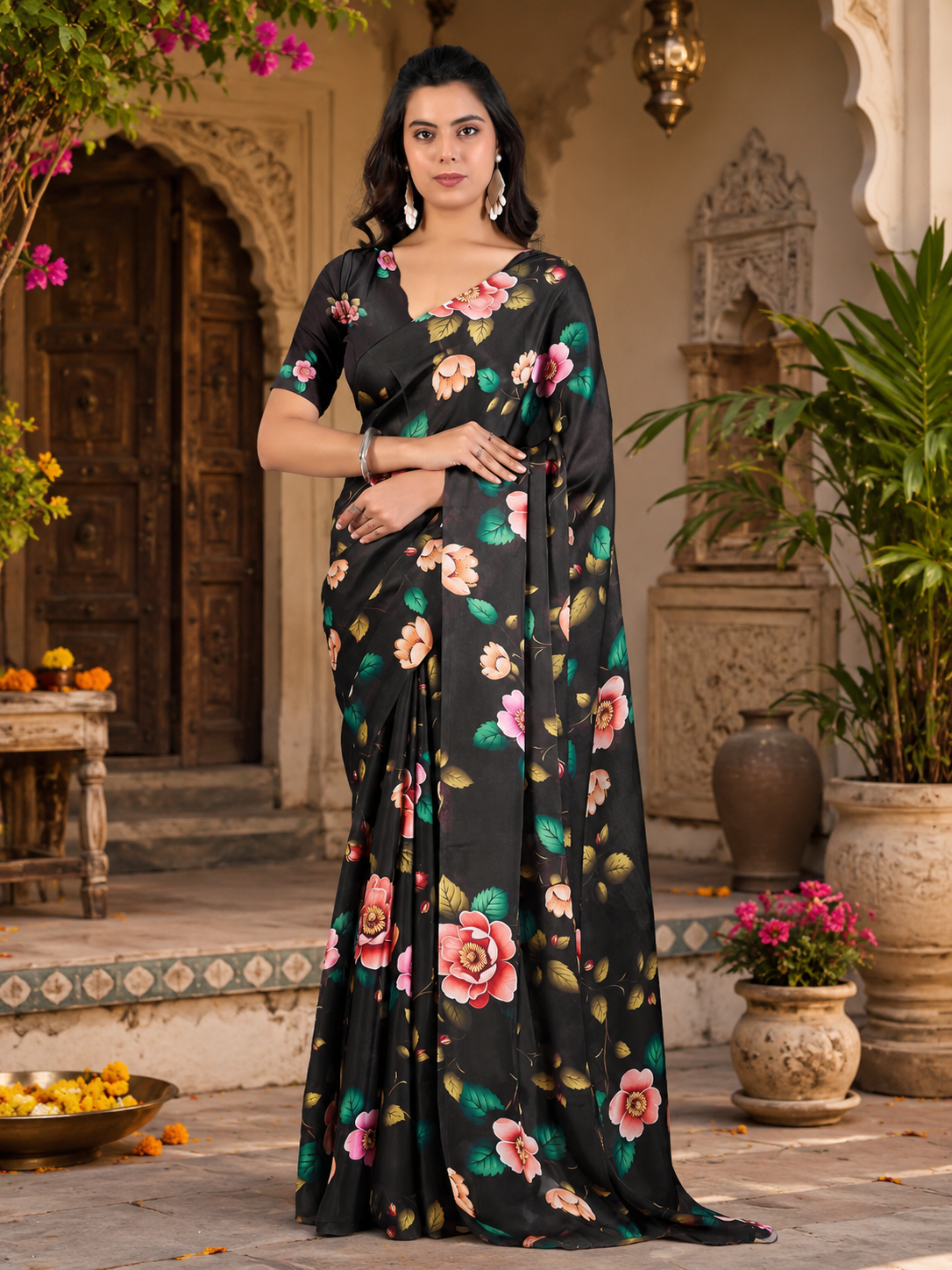 Soft Georgette Satin Floral Printed Saree With Unstitched Blouse(Black)