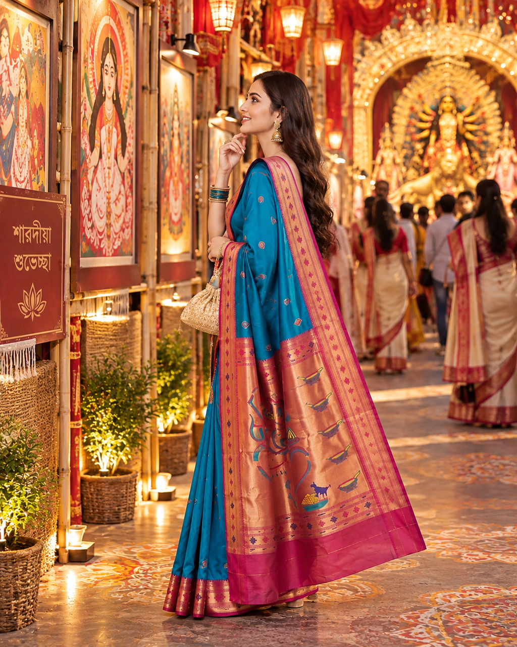 Premium Paithani Katan Silk Butti Saree With Zari Border Unstitched Blouse (Blue)