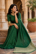 Satin Silk Bandhani Bhej Work Saree With Unstitched Blouse(Green)
