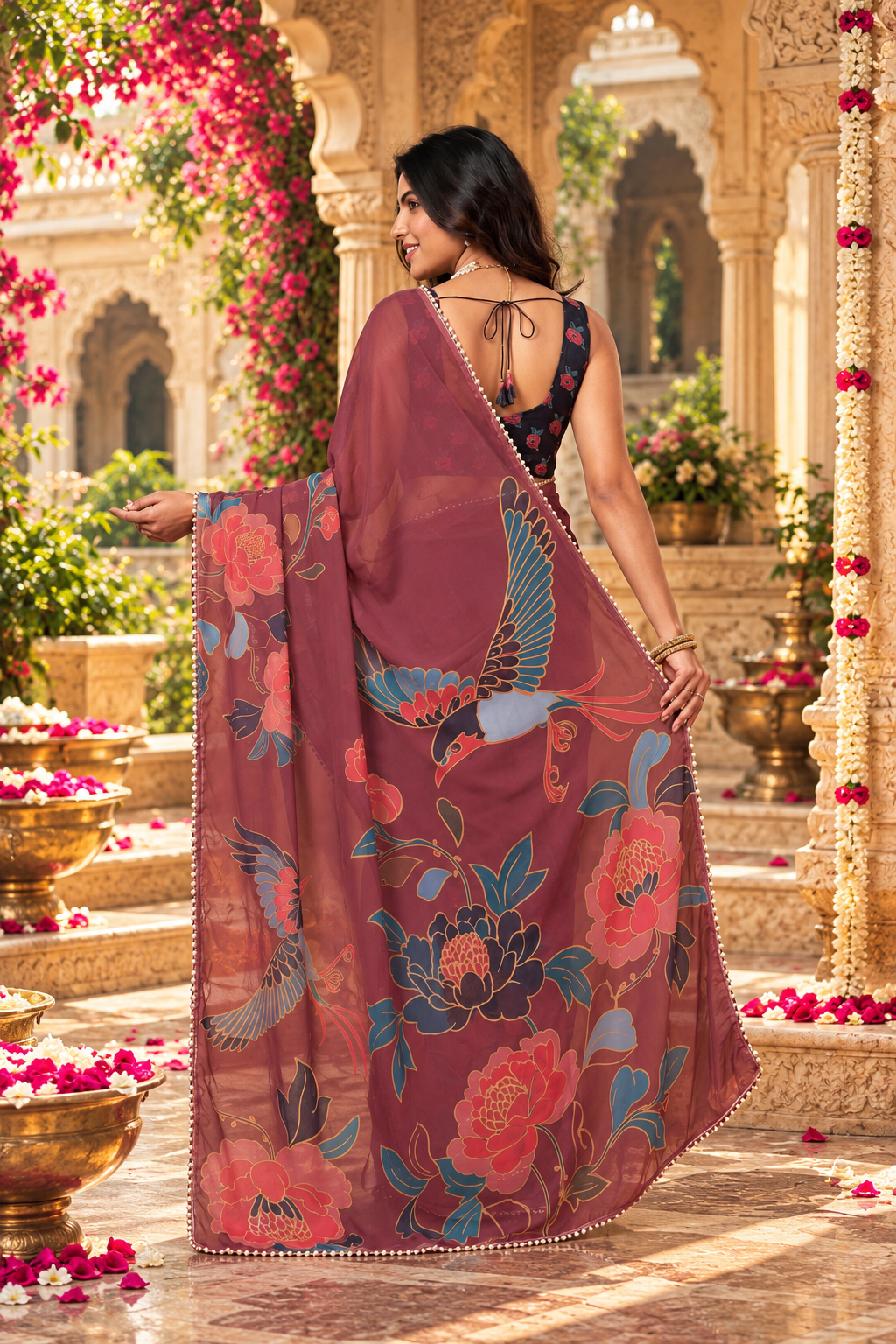 Premium Georgette Digital Print Moti Lace Work Saree With Unstitched Blouse(Brown)