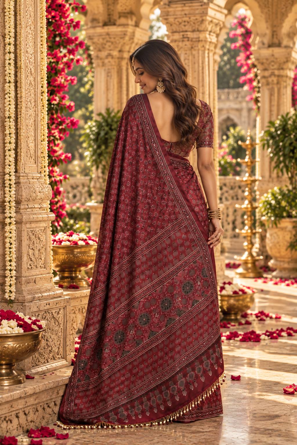 Satin Silk Ajrakh Print Mirror Work Saree With Unsitched Blouse(Red)