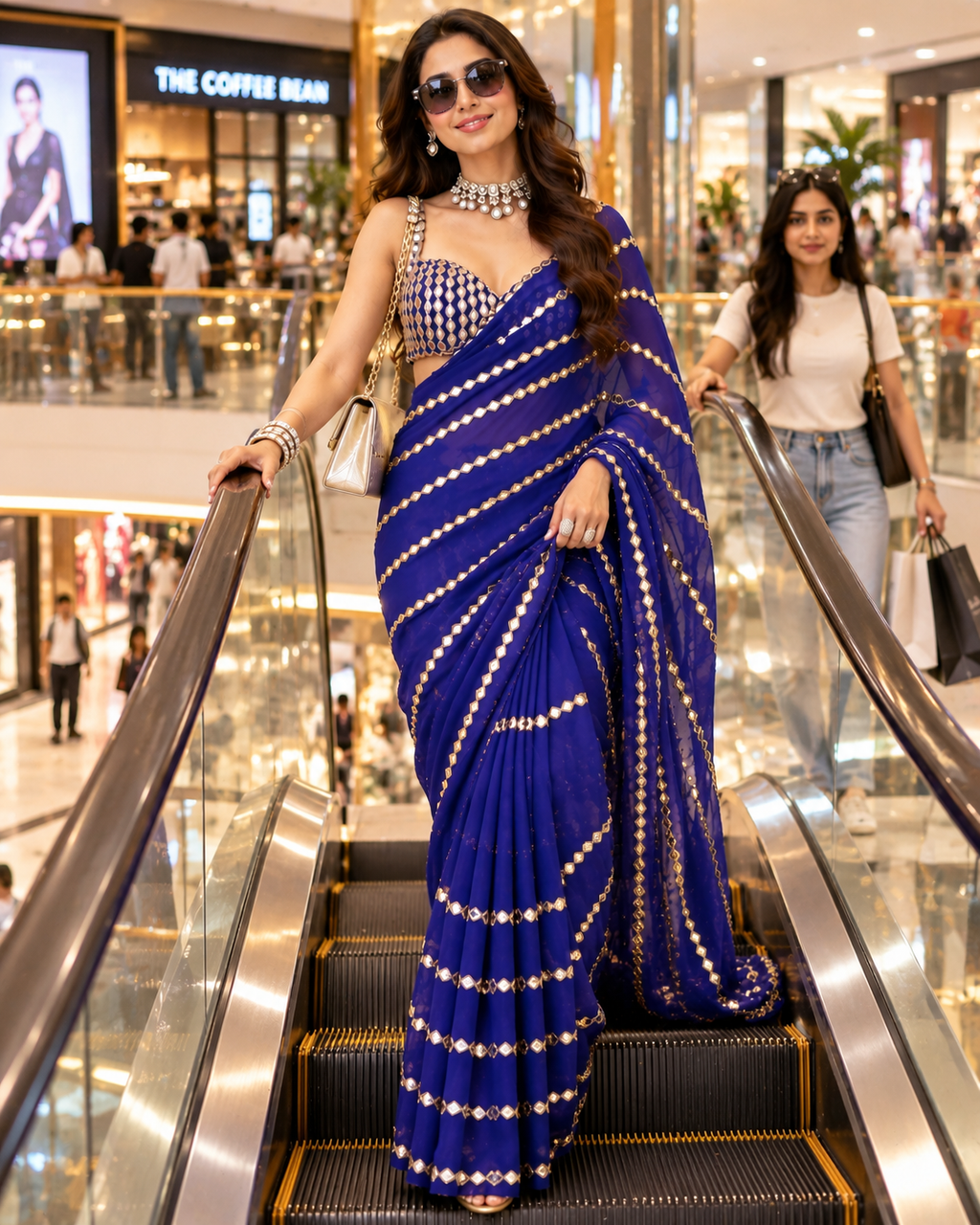Pure Georgette Original Mirror Embroidery Work Saree With Unstitched Blouse(Whale Blue)