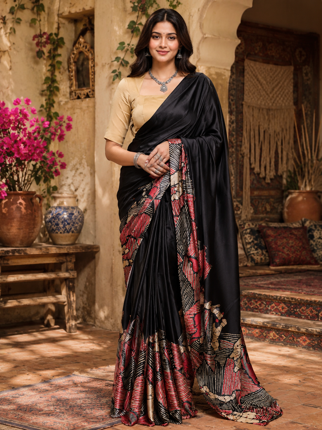 Premium Satin Silk Printed Saree With Unstitched Blouse(Black)