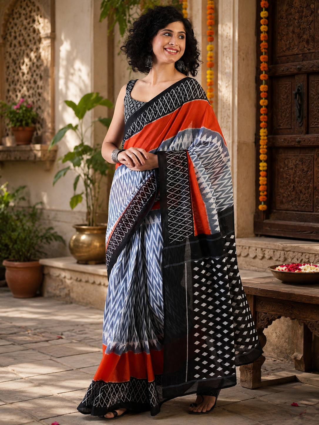 Mulmul Cotton Printed Pocket Saree With Unstitched Blouse(Black)