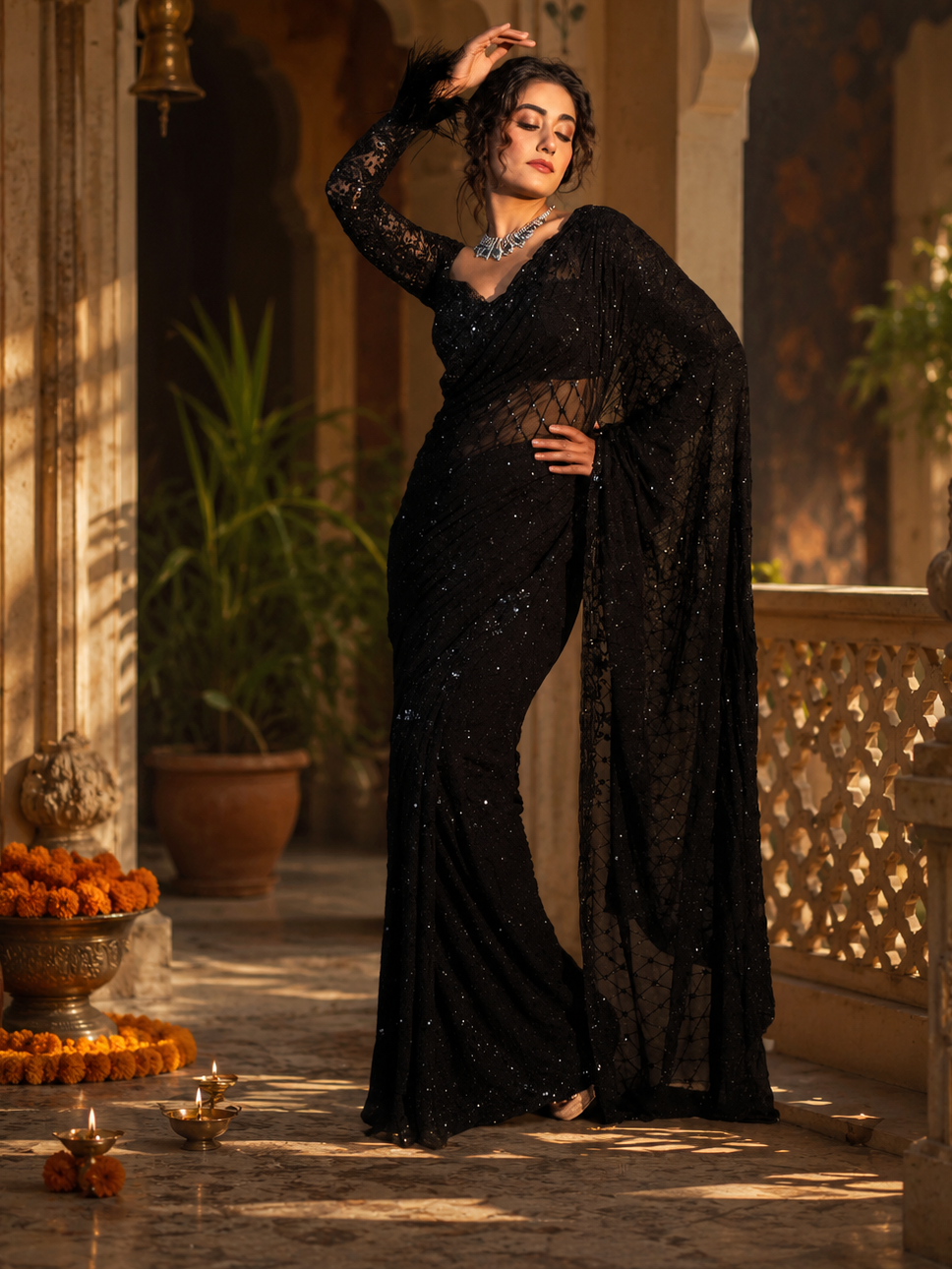 Soft Net  Sequins Embroidery Work  Border Scallop  Saree With Unstitched Blouse (Black)