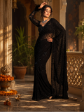 Soft Net  Sequins Embroidery Work  Border Scallop  Saree With Unstitched Blouse (Black)