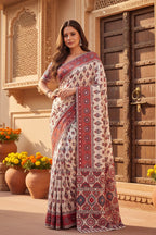 Crepe Silk Digital Ajrak Print  Real Mirror Work Saree With Unstitched Blouse(White)
