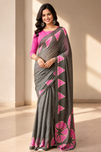 Elegance Premium Chiffon Fabric With Sequence Floral Printed Saree With Unstitched Blouse (Grey)