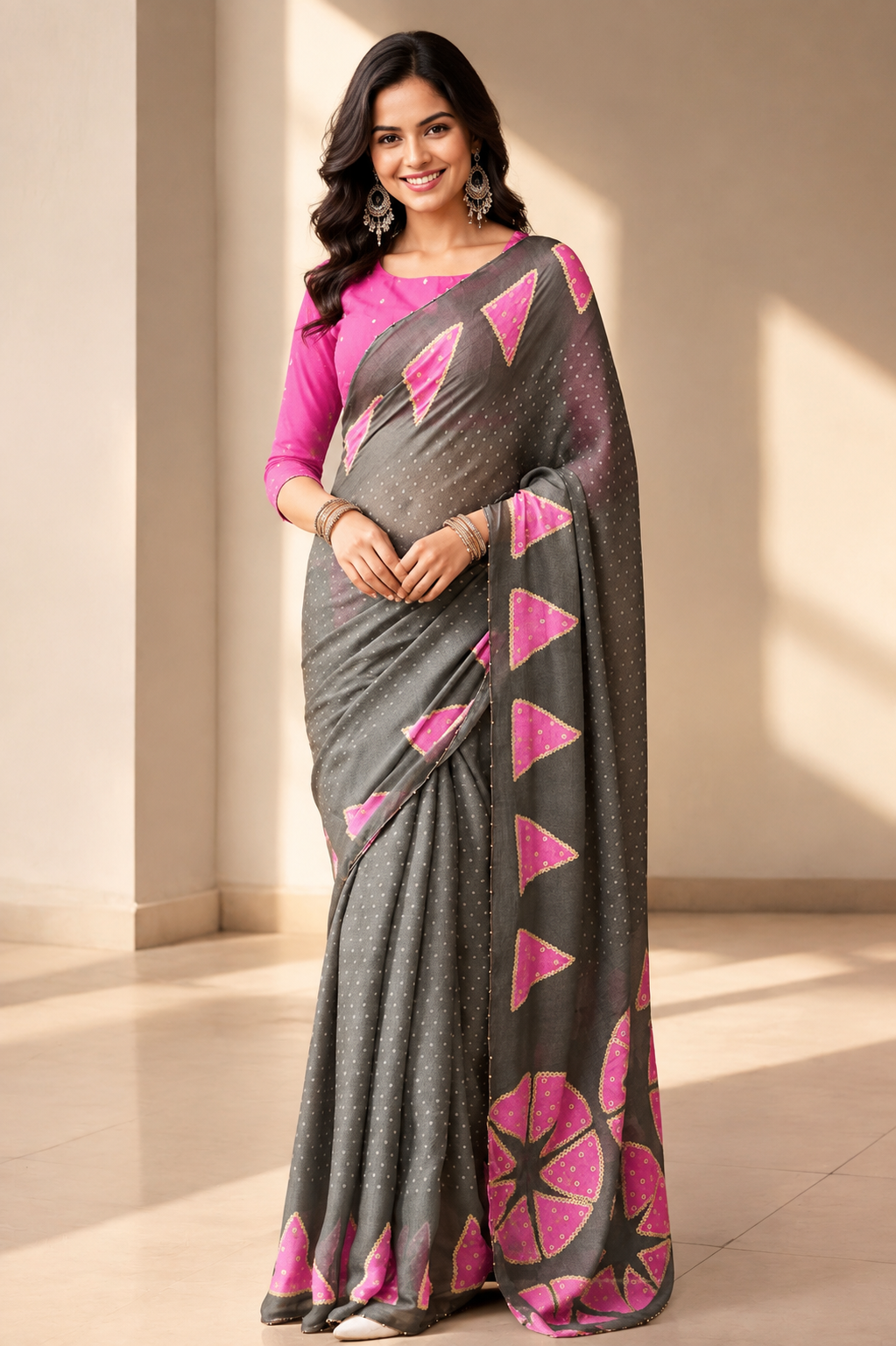 Elegance Premium Chiffon Fabric With Sequence Floral Printed Saree With Unstitched Blouse (Grey)