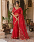 Premium Jamdhani Handloom Silk Jari Border Saree With Unstitched Blouse (Red)