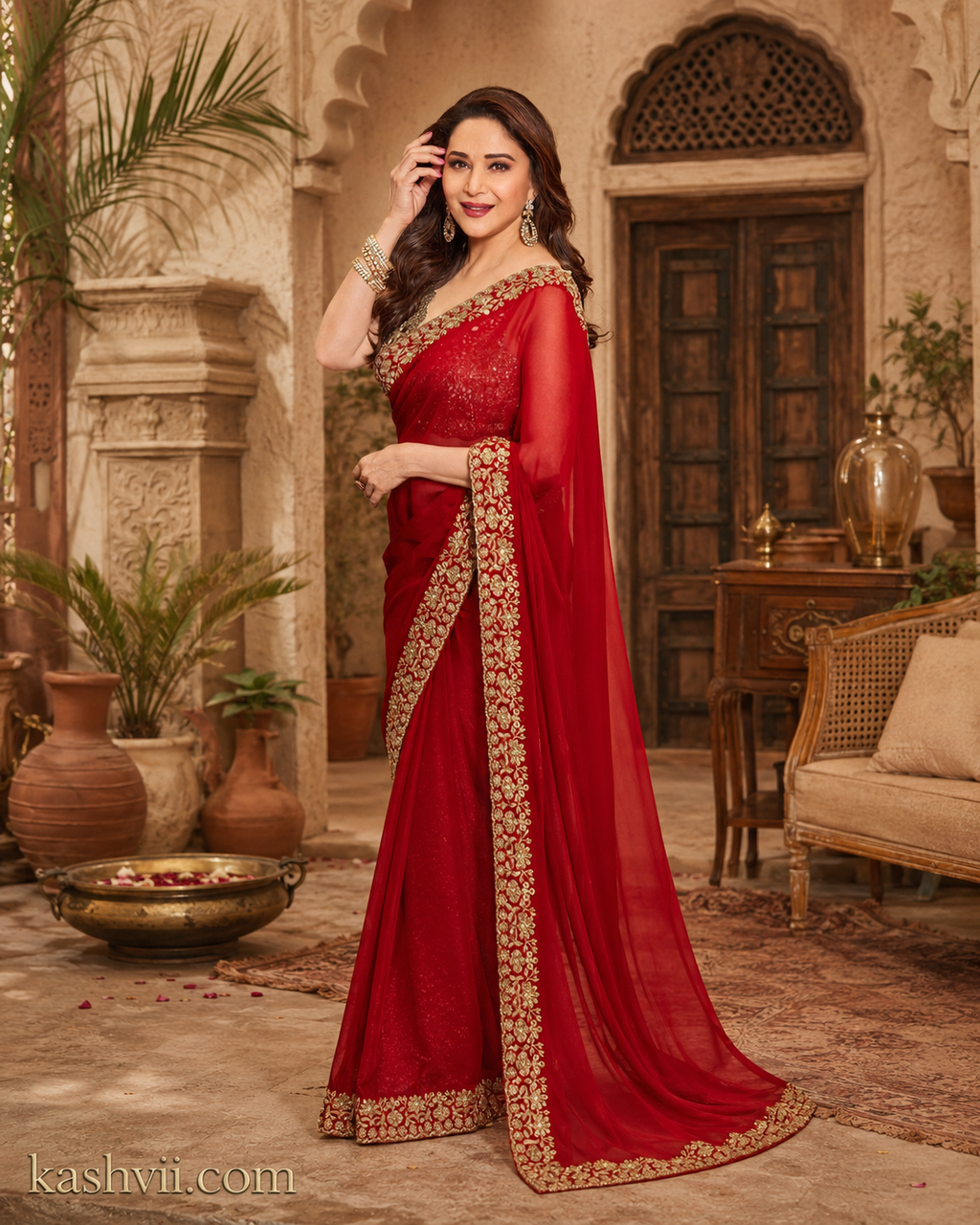 Georgette Embroidery Sequins Zari Work Saree With Unstitched Blouse(Red)