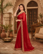 Georgette Embroidery Sequins Zari Work Saree With Unstitched Blouse(Red)