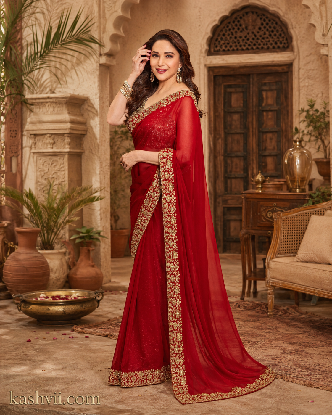 Georgette Embroidery Sequins Zari Work Saree With Unstitched Blouse(Red)